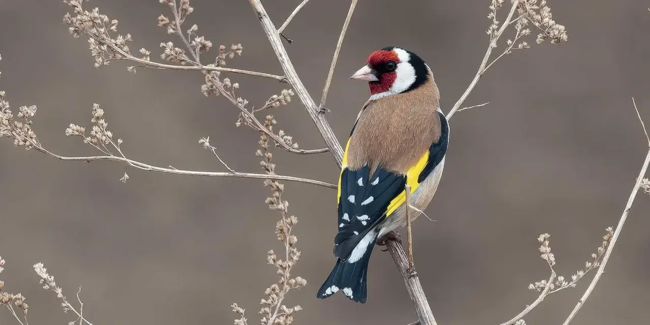 Un piccolo cardellino femmina, con il suo piumaggio colorato, si posa su un ramo secco tra le infiorescenze.