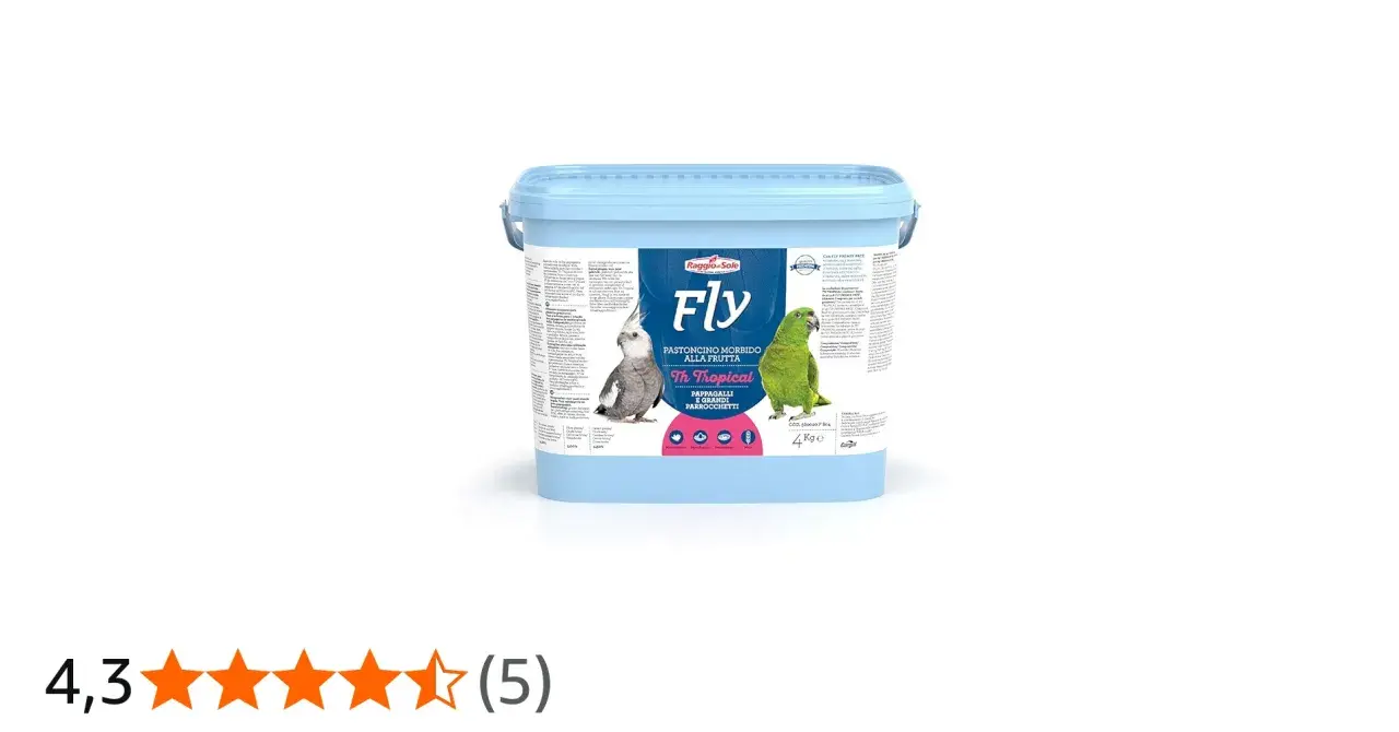Secchio azzurro con pastoncino all'uovo Fly Th Tropical per pappagalli e parrocchetti, con immagini di uccelli.