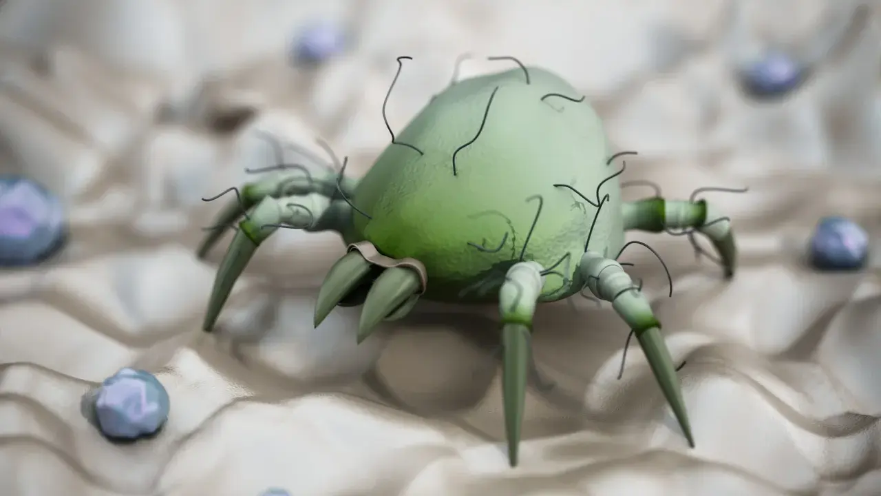 Acari canarini: un microscopico parassita verde su una superficie chiara, circondato da piccole sfere bluastre. Si cercano rimedi naturali.
