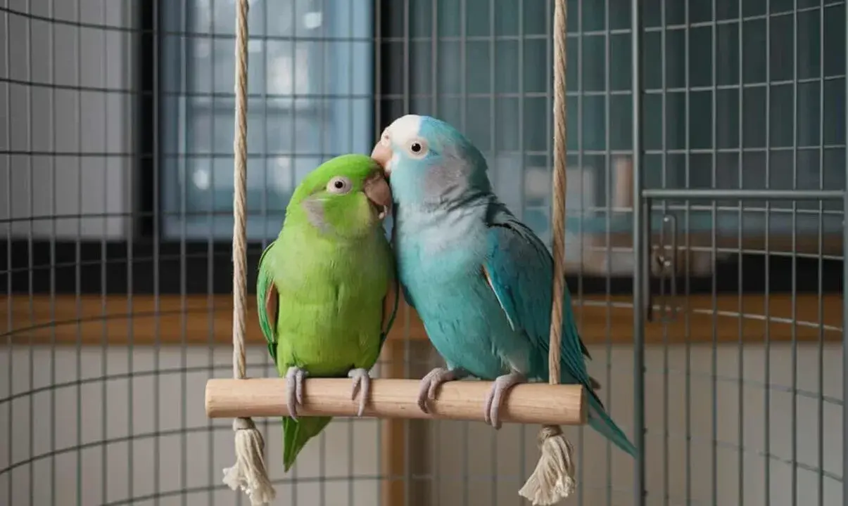 Due diversi tipi di pappagalli, uno verde e uno blu, si baciano su un'altalena in gabbia.