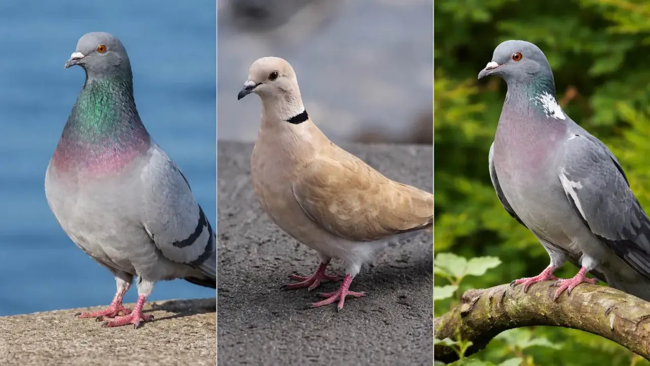 Tre colombine uccelli: una grigia con riflessi iridescenti, una color crema con collare nero, e un'altra grigia su un ramo.
