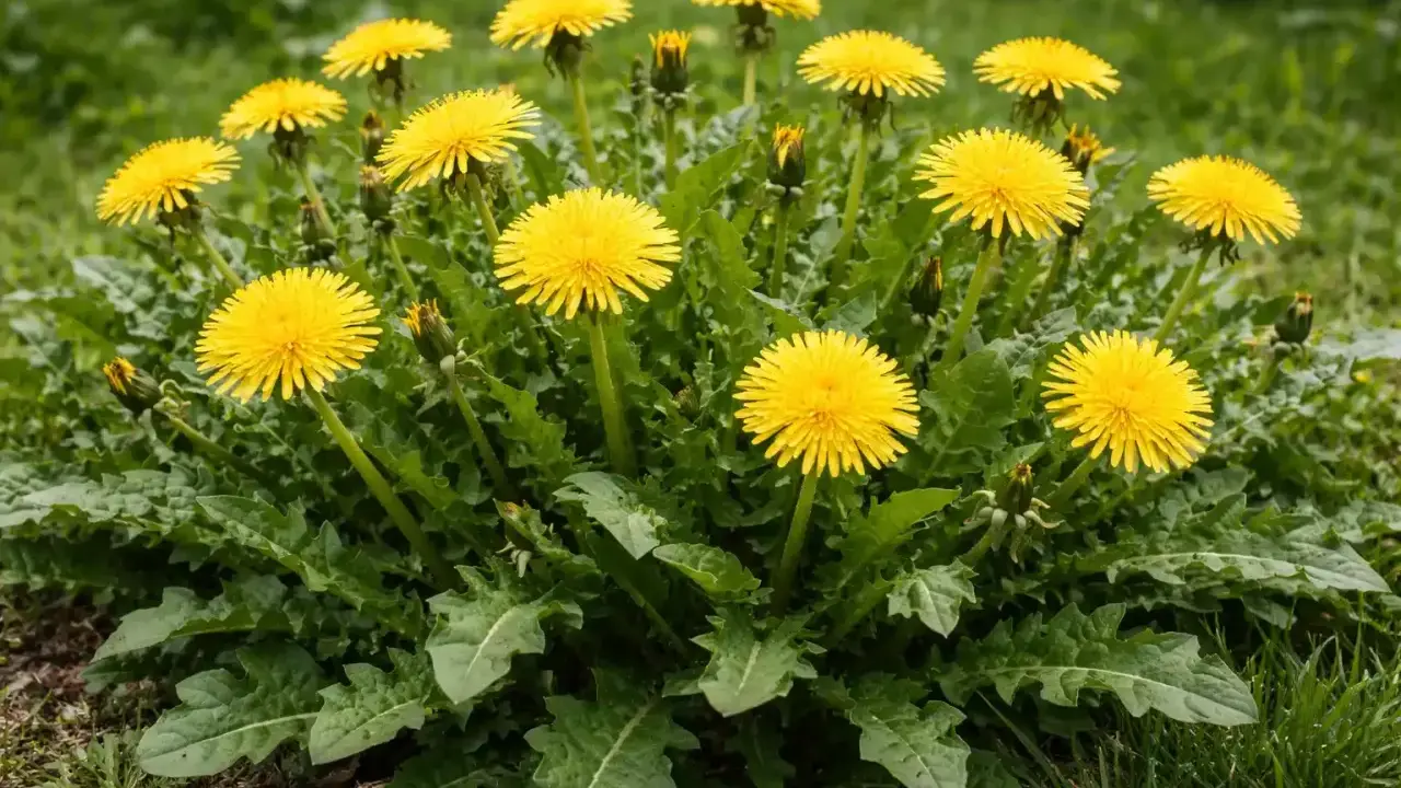Un gruppo di fiori gialli di tarassaco, con foglie verdi frastagliate. Presto diventeranno soffici semi pronti a volare.