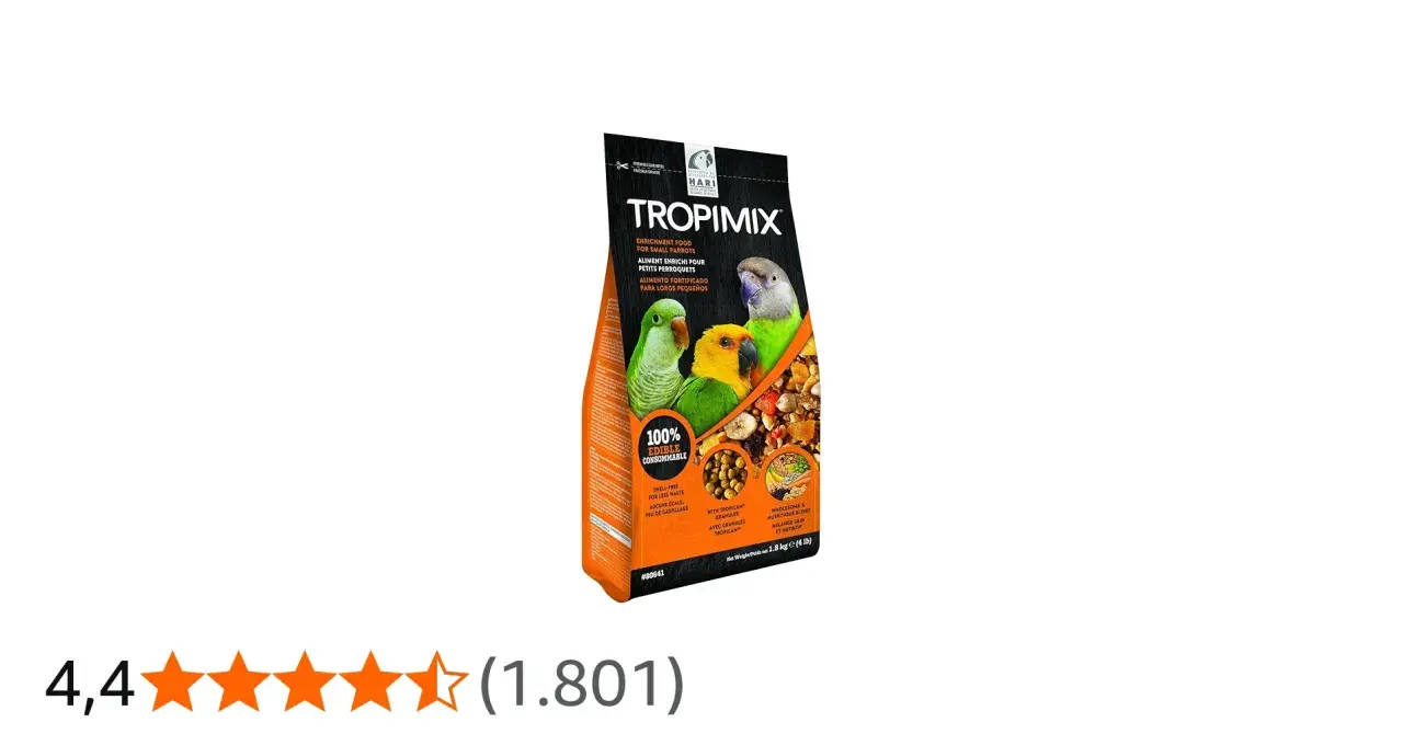 Sacchetto di cibo Hari Tropimix per piccoli pappagalli, con tre uccelli colorati e ingredienti naturali.