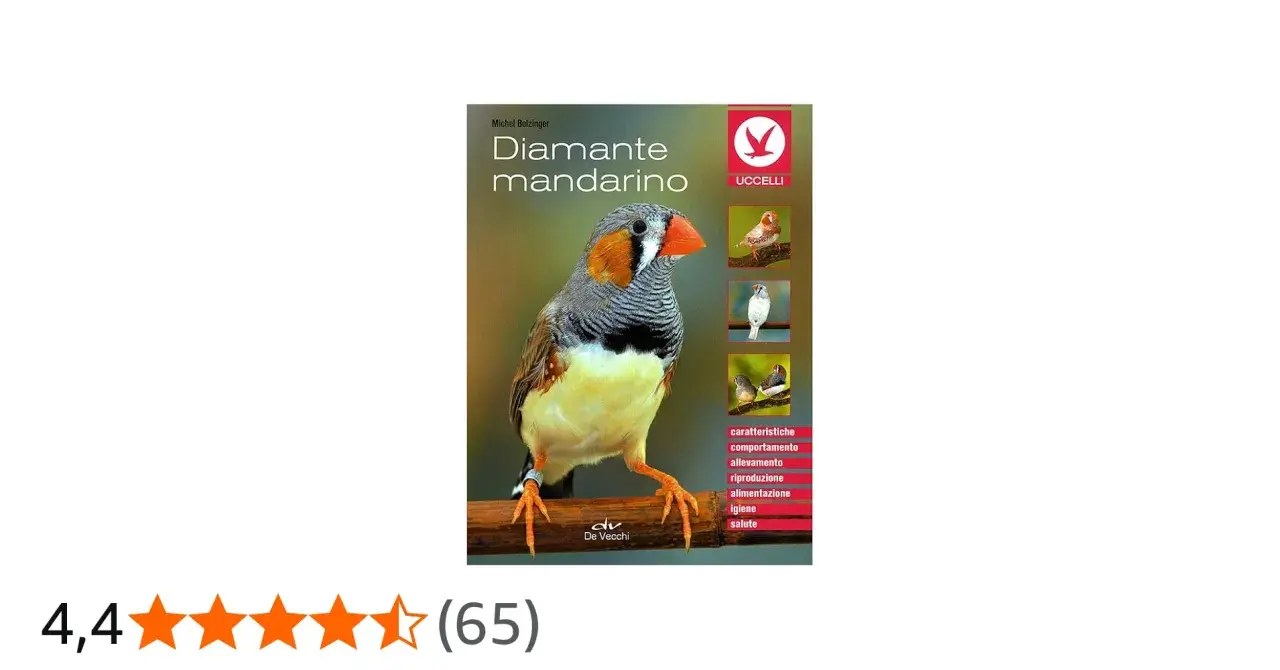 Copertina libro "Diamante mandarino" con un uccello in primo piano e immagini di uccelli e argomenti correlati.