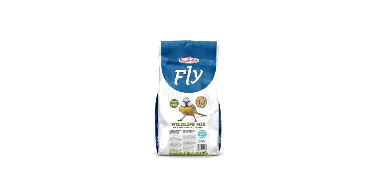 Sacco di semi per uccelli selvatici "Fly Wildlife Mix". Un simpatico pettirosso è raffigurato vicino a una ciotola di semi misti.