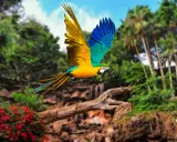 Un pappagallo vola libero nel loro parque Tenerife, con le sue ali gialle e blu che spiccano tra la vegetazione lussureggiante.