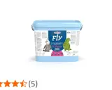 Secchio azzurro con pastoncino all'uovo Fly Th Tropical per pappagalli e parrocchetti, con immagini di uccelli.