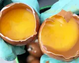 Mani guantate tengono due gusci d'uovo con tuorli dorati. Tante uova cosa fare? Perfette per una frittata o una torta!