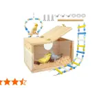 Nido per cocorite fai da te in legno con due uccellini all'interno, accessori inclusi.