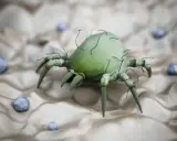 Acari canarini: un microscopico parassita verde su una superficie chiara, circondato da piccole sfere bluastre. Si cercano rimedi naturali.