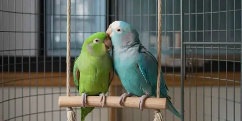 Due diversi tipi di pappagalli, uno verde e uno blu, si baciano su un'altalena in gabbia.