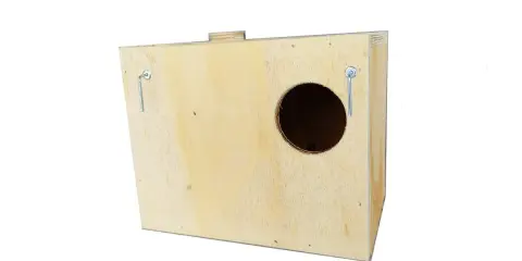 Wooden birdhouse with a circular entrance hole and two metal hanging hooks.