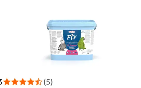 Secchio azzurro con pastoncino all'uovo Fly Th Tropical per pappagalli e parrocchetti, con immagini di uccelli.