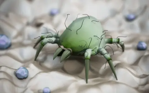 Acari canarini: un microscopico parassita verde su una superficie chiara, circondato da piccole sfere bluastre. Si cercano rimedi naturali.