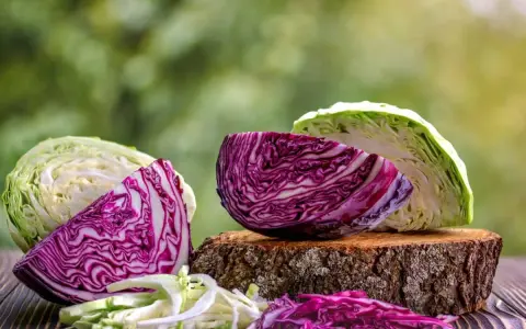 Cavolo cappuccio bianco e rosso, tagliato a spicchi e sminuzzato, su un tavolo di legno con sfondo verde sfocato.