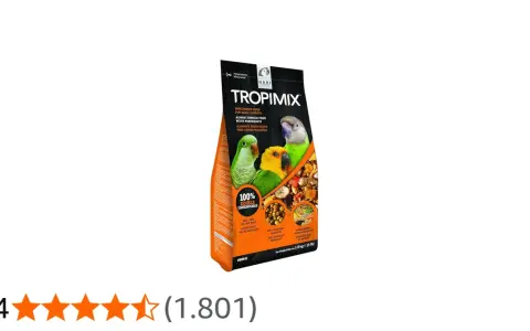 Sacchetto di cibo Hari Tropimix per piccoli pappagalli, con tre uccelli colorati e ingredienti naturali.