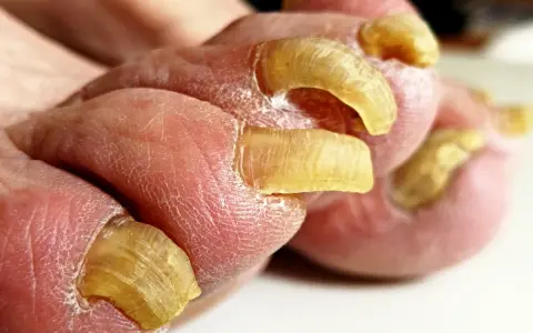 Dita con unghie gialle e ispessite, simili a quelle di un pappagallo, che crescono in modo anomalo.