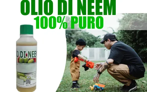 Un padre e un bambino giocano con camioncini in giardino. Accanto, una bottiglia di olio di neem puro al 100%.