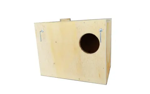 Wooden birdhouse with a circular entrance hole and two metal hanging hooks.