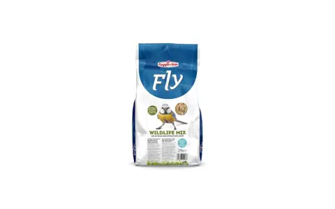 Sacco di semi per uccelli selvatici "Fly Wildlife Mix". Un simpatico pettirosso è raffigurato vicino a una ciotola di semi misti.