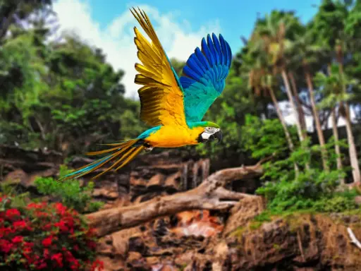 Un pappagallo vola libero nel loro parque Tenerife, con le sue ali gialle e blu che spiccano tra la vegetazione lussureggiante.