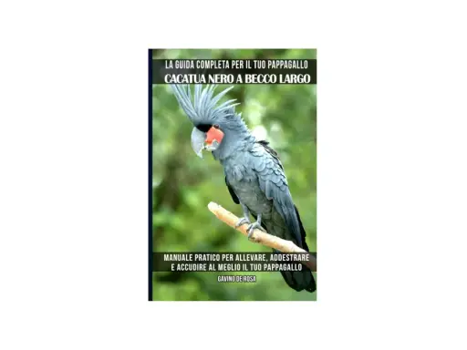 Un cacatua nero a becco largo, con il suo carattere unico, posa su un ramo. La copertina di un manuale ne illustra la cura.
