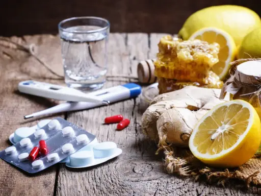 Rimedi naturali e antibiotico umano per canarini: limoni, zenzero, miele, termometro e pillole su un tavolo di legno.