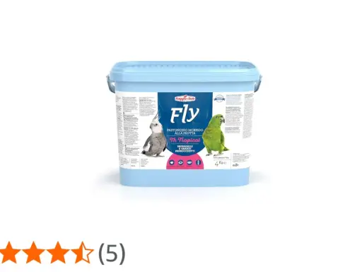 Secchio azzurro con pastoncino all'uovo Fly Th Tropical per pappagalli e parrocchetti, con immagini di uccelli.