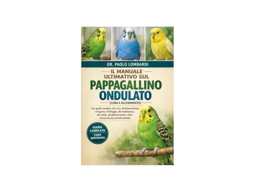 Copertina libro "Il manuale definitivo sul pappagallino ondulato" con tre parrocchetti colorati in alto e uno più grande in basso. Ideale per chi vuole conoscere i cuccioli di uccelli.