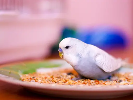 Un parrocchetto bianco e azzurro mangia semi misti da un piatto. Ecco cosa mangiano i parrocchetti per una dieta equilibrata.
