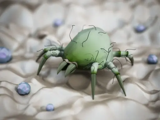 Acari canarini: un microscopico parassita verde su una superficie chiara, circondato da piccole sfere bluastre. Si cercano rimedi naturali.