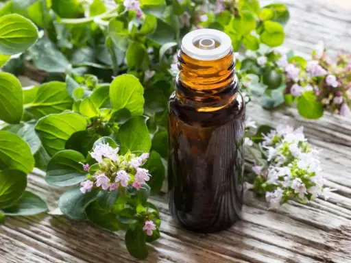Flacone di olio di origano su legno rustico, circondato da rametti fioriti. Utile contro i parassiti.