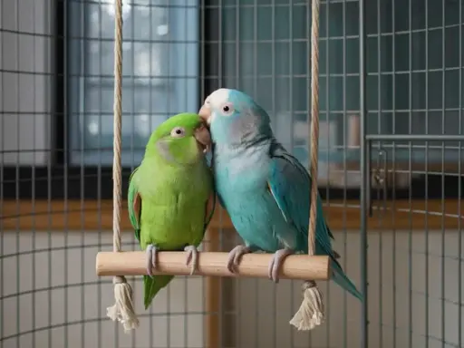 Due diversi tipi di pappagalli, uno verde e uno blu, si baciano su un'altalena in gabbia.