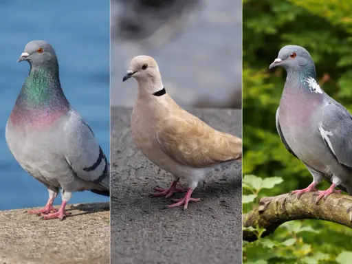 Tre colombine uccelli: una grigia con riflessi iridescenti, una color crema con collare nero, e un'altra grigia su un ramo.