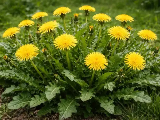 Un gruppo di fiori gialli di tarassaco, con foglie verdi frastagliate. Presto diventeranno soffici semi pronti a volare.
