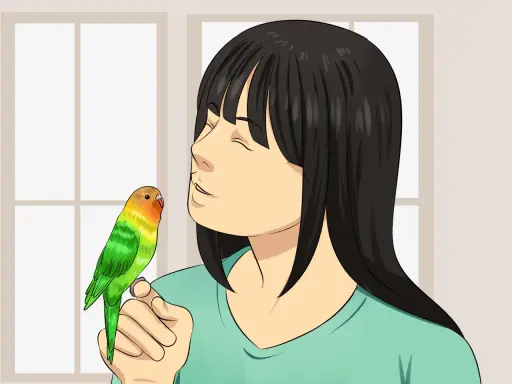 Una ragazza con un pappagallino colorato sulla mano, mentre pensa a cosa sono i coccidi e come proteggere il suo amico piumato.