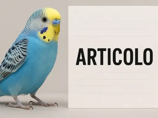 Un pappagallino azzurro e giallo accanto a un foglio con scritto "ARTICOLO". Forse parla dell'estratto di tarassaco?