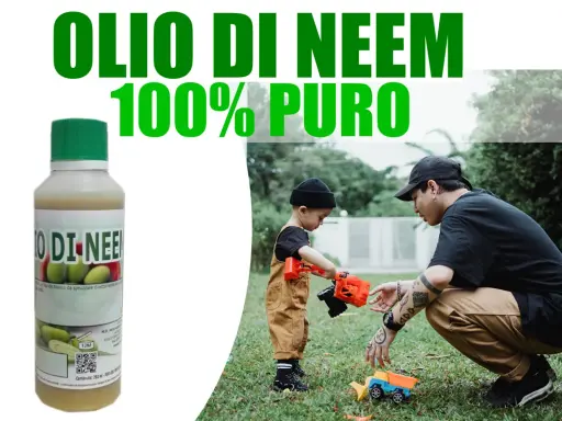 Un padre e un bambino giocano con camioncini in giardino. Accanto, una bottiglia di olio di neem puro al 100%.