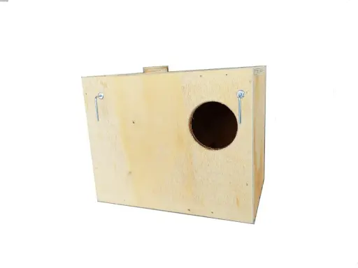 Wooden birdhouse with a circular entrance hole and two metal hanging hooks.