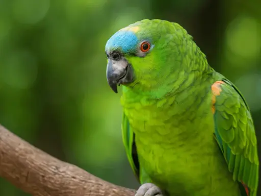 Un pappagallo verde brillante con un tocco di blu sulla testa, seduto su un ramo. Ecco come vede un pappagallo il mondo.