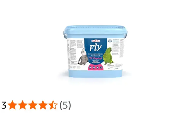 Secchio azzurro con pastoncino all'uovo Fly Th Tropical per pappagalli e parrocchetti, con immagini di uccelli.