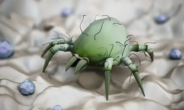 Acari canarini: un microscopico parassita verde su una superficie chiara, circondato da piccole sfere bluastre. Si cercano rimedi naturali.