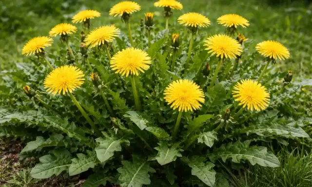 Un gruppo di fiori gialli di tarassaco, con foglie verdi frastagliate. Presto diventeranno soffici semi pronti a volare.