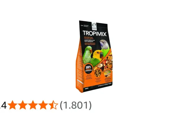 Sacchetto di cibo Hari Tropimix per piccoli pappagalli, con tre uccelli colorati e ingredienti naturali.