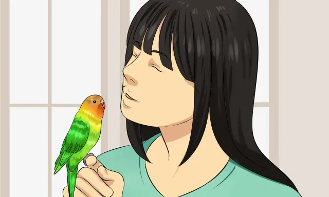Una ragazza con un pappagallino colorato sulla mano, mentre pensa a cosa sono i coccidi e come proteggere il suo amico piumato.