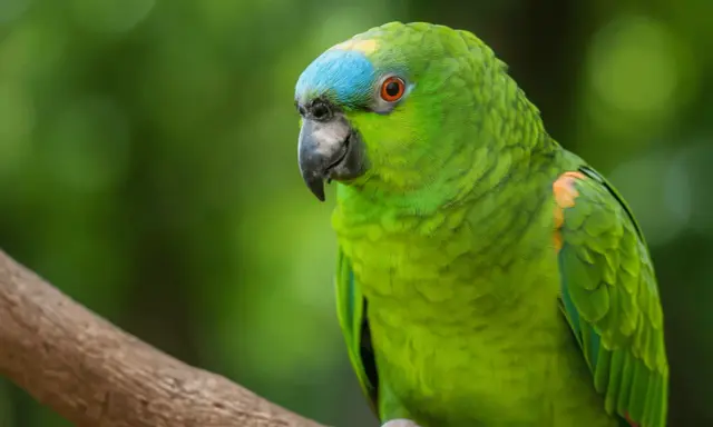 Un pappagallo verde brillante con un tocco di blu sulla testa, seduto su un ramo. Ecco come vede un pappagallo il mondo.