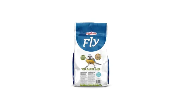 Sacco di semi per uccelli selvatici "Fly Wildlife Mix". Un simpatico pettirosso è raffigurato vicino a una ciotola di semi misti.