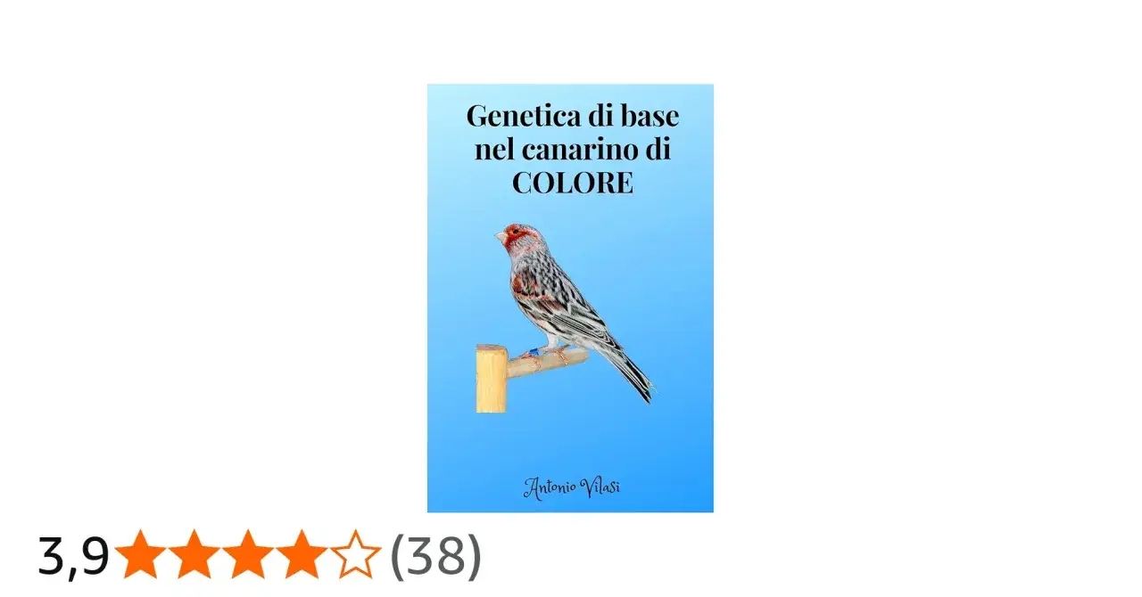 Canarino colorato su un posatoio, copertina di un libro sulla genetica e la tabella accoppiamenti canarini.