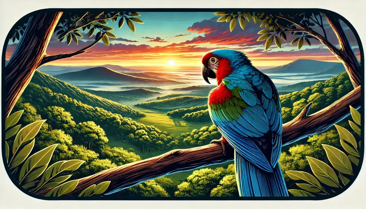 Un pappagallo colorato osserva il tramonto su una valle lussureggiante, come vede un pappagallo questo mondo vibrante.