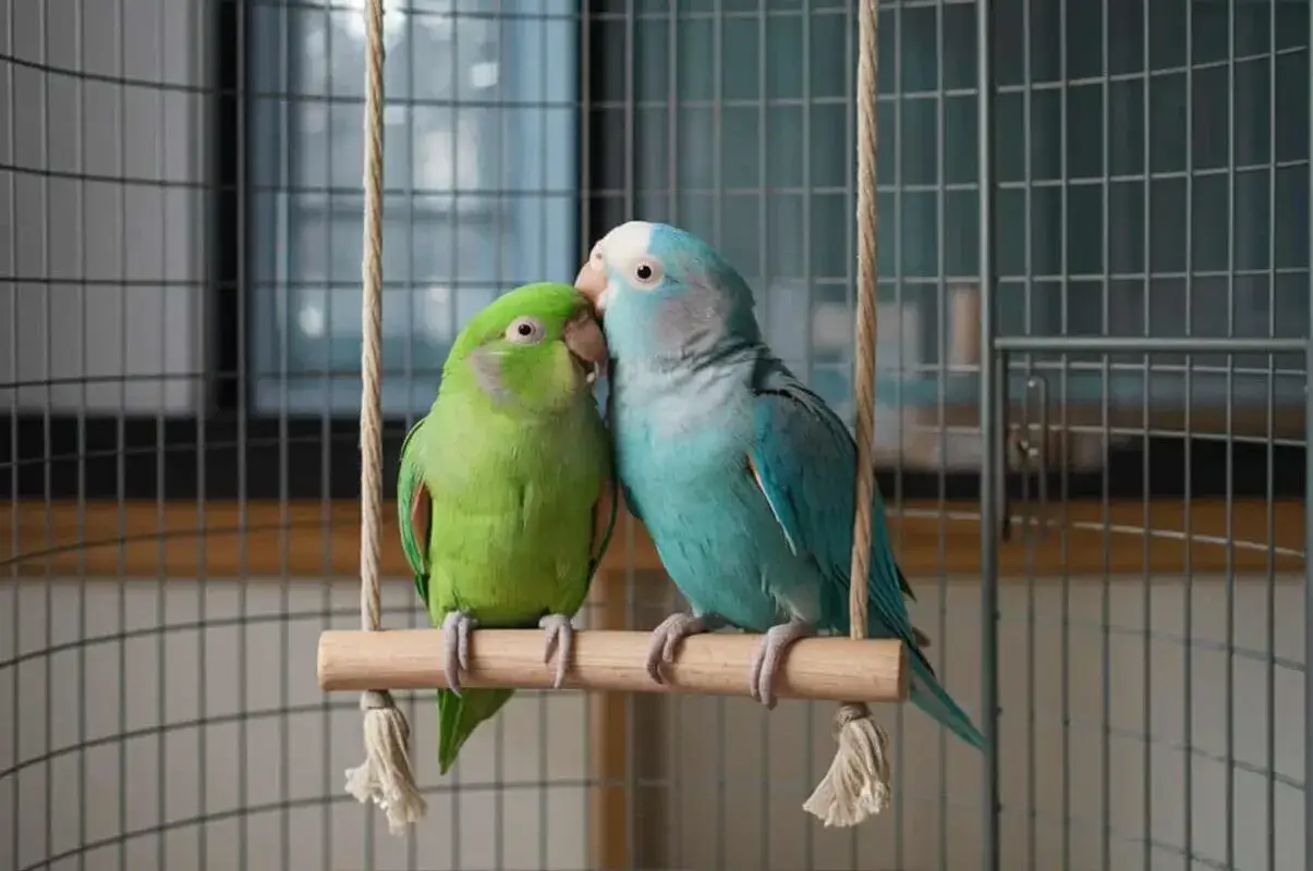 Due pappagalli Poicephalus senegalus, uno verde e uno blu, si baciano su un'altalena in gabbia.